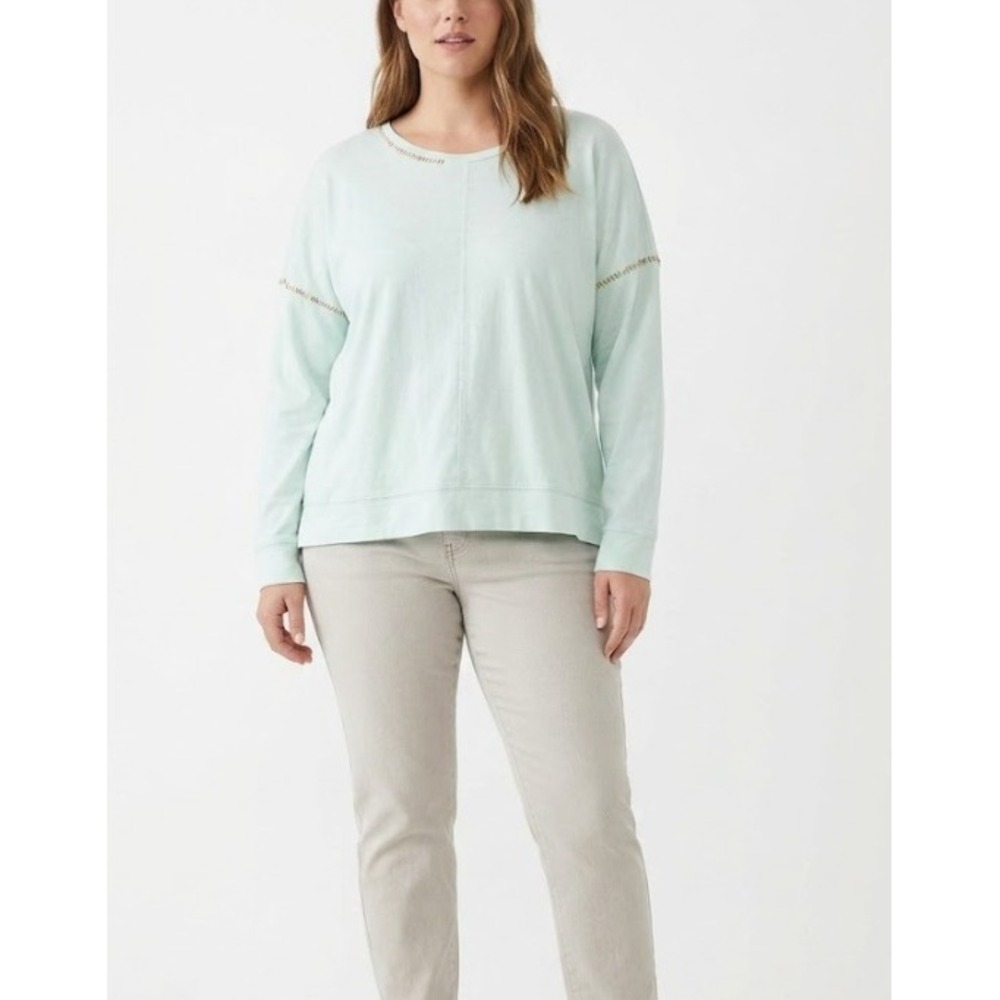 Lisa Todd Top XL Mint Green Rainbow Embroidery Cotton Long Sleeve Comfy